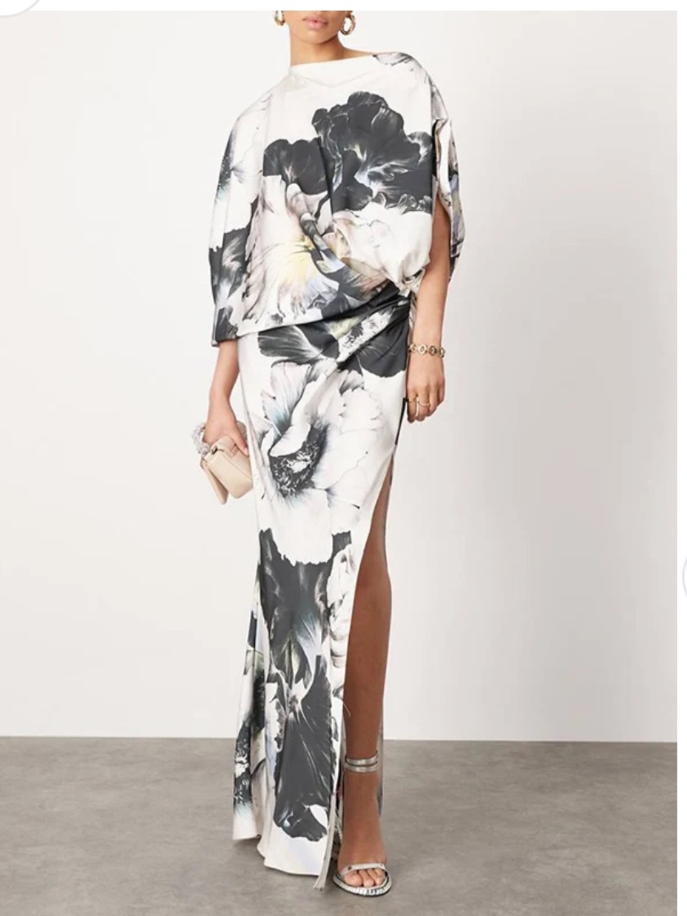 Floral Maxi dress  with Side Slit in White and Black